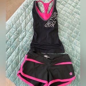 Better bodies pink and black workout outfit top size small and shorts are XS